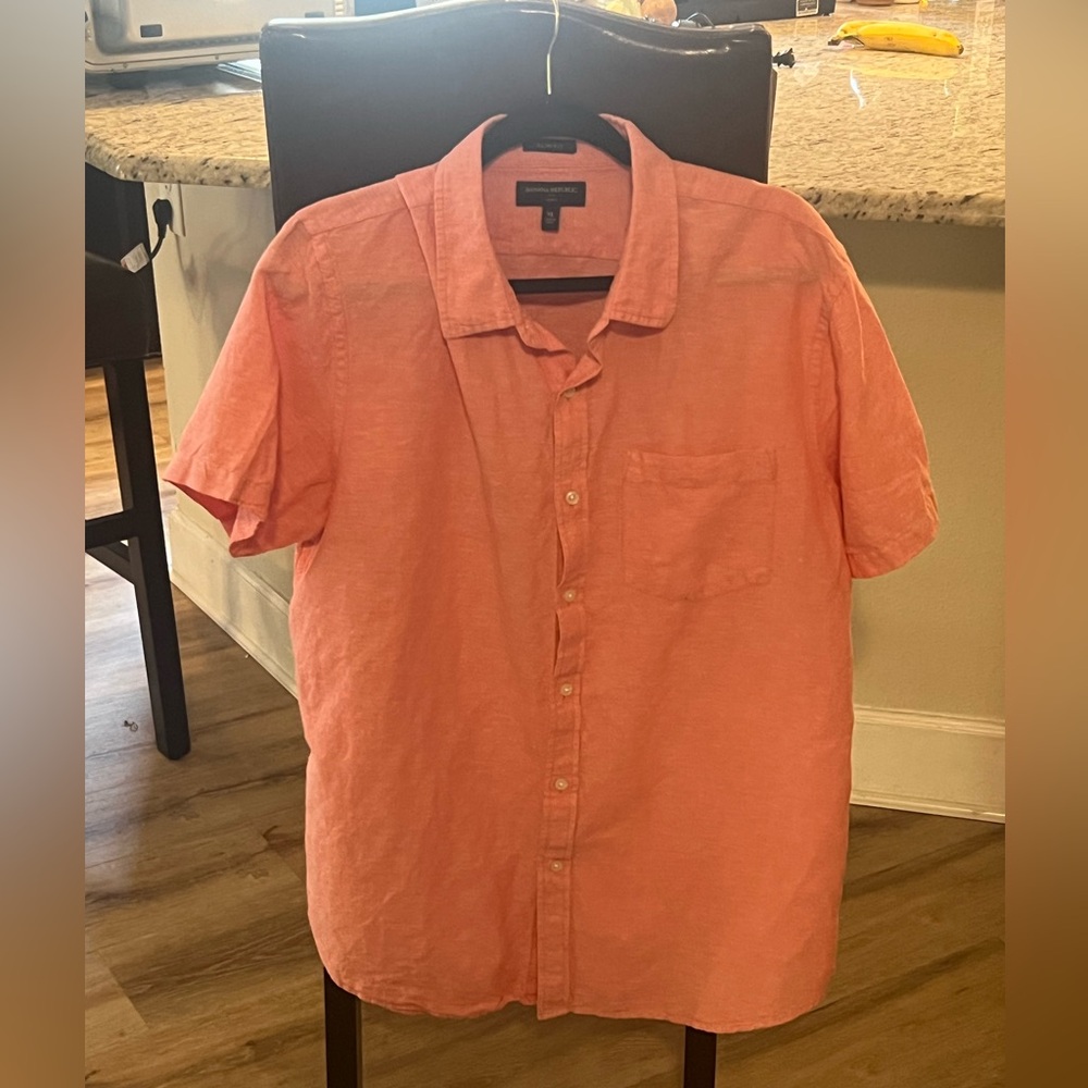 Banana Republic Short Sleeve Linen Button Down Coral Pink Slim Fit Shirt XL